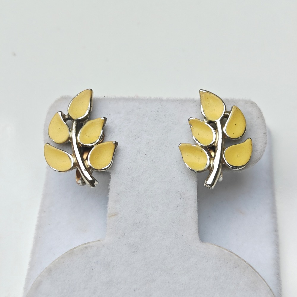 Vintage Yellow Enamel Leaf Sprig Screw Back Earrings Silver Tone Branch Metal